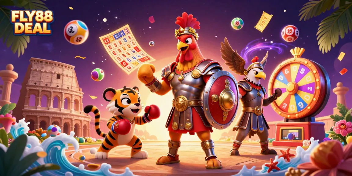 Experience the thrill of FLY88 DEAL with an exhilarating 3D illustration of a gladiator rooster in dazzling casino-themed action.