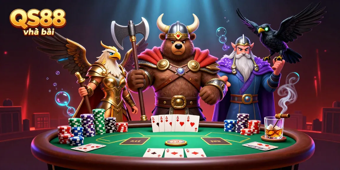 Experience thrilling gameplay with QS88 nhà cái featuring our Viking bear and Valkyrie eagle at a dynamic poker table.