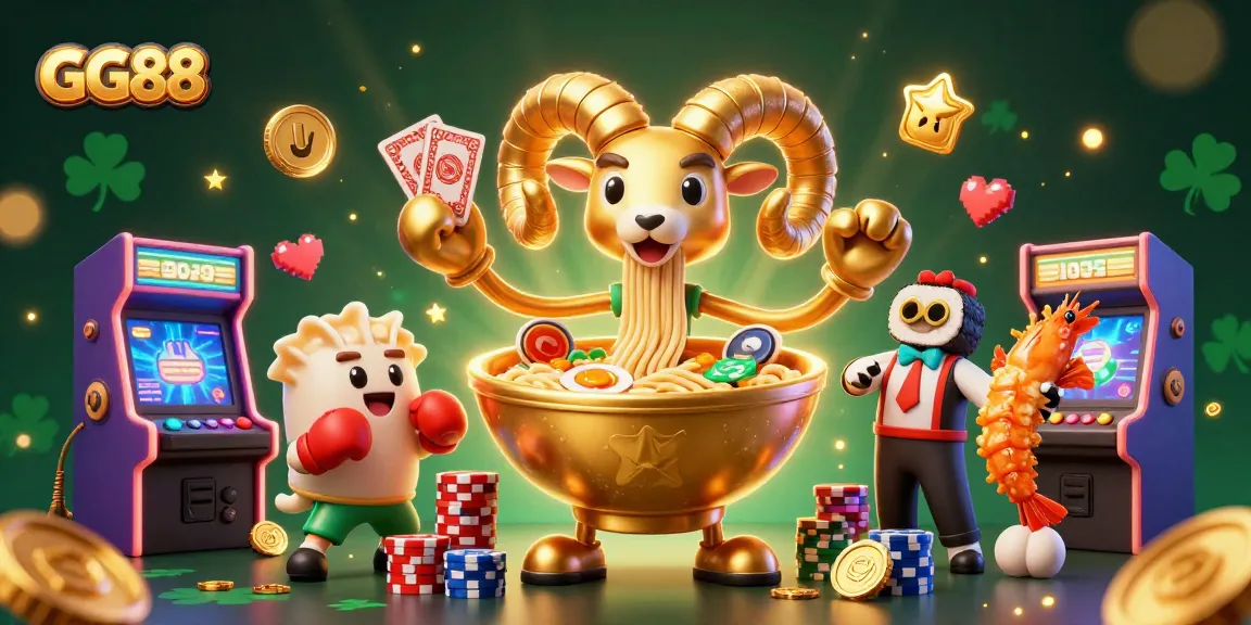Engage with GG88's vibrant casino world featuring a 3D ramen bowl dealer and gaming elements.