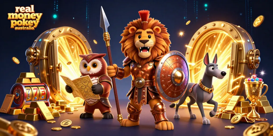 Experience real money pokies Australia with cartoon characters in a vibrant gold-filled casino scene.