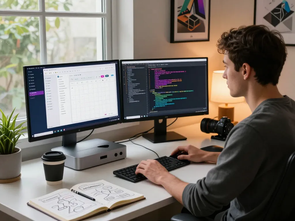 ClawdBot mac workspace with developer using Mac Mini, showcasing productivity and innovative AI integration.