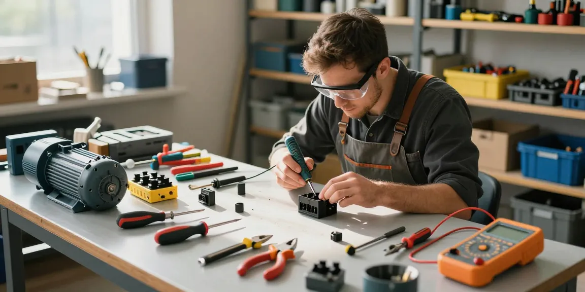 Ricambi elettroutensili in un laboratorio, tecnico al lavoro su strumenti elettrici.