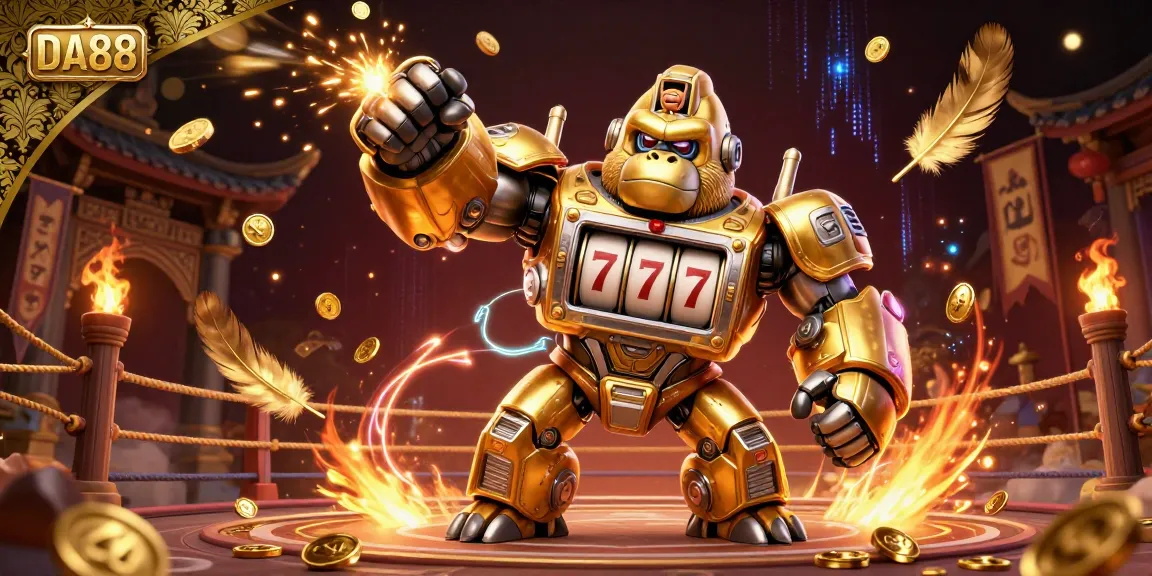 DA88 unleashes thrilling gambling excitement with a vibrant golden gorilla mech illustration amidst swirling casino elements.