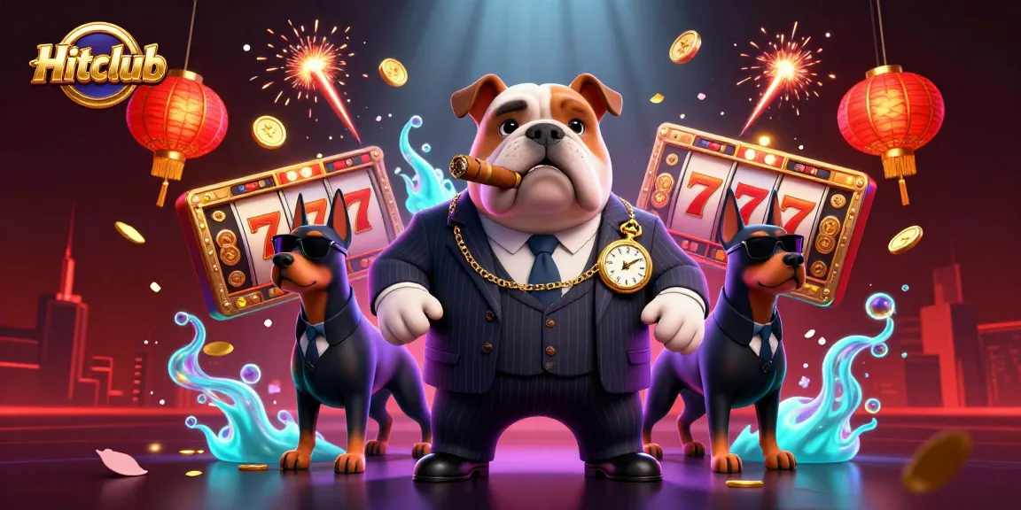 Hitclub's cartoon mafia boss bulldog directs a vibrant casino scene filled with spinning slots and glowing gold elements.