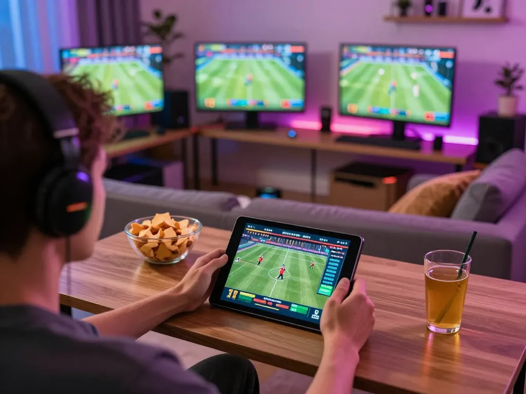 Bsport user placing bets on a tablet while watching live sports events at home.