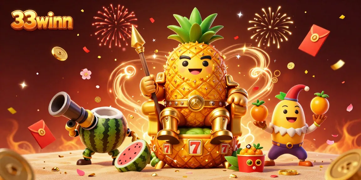 33winn showcases a lively carnival of gaming excitement with a golden pineapple king, embodying vibrant casino fun.