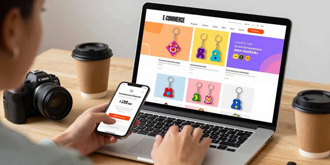 Explore vibrant custom keychains in an engaging e-commerce shopping scene.