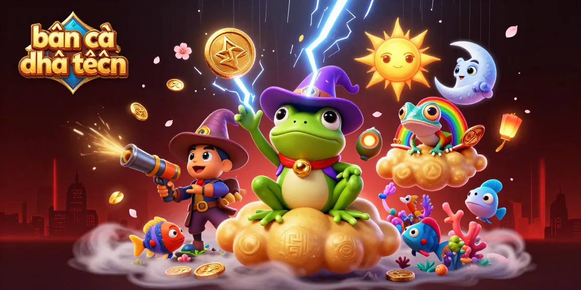 Bắn cá đổi thưởng shows a vibrant scene with a wizard frog and chameleon amidst gold coins and fish game elements.