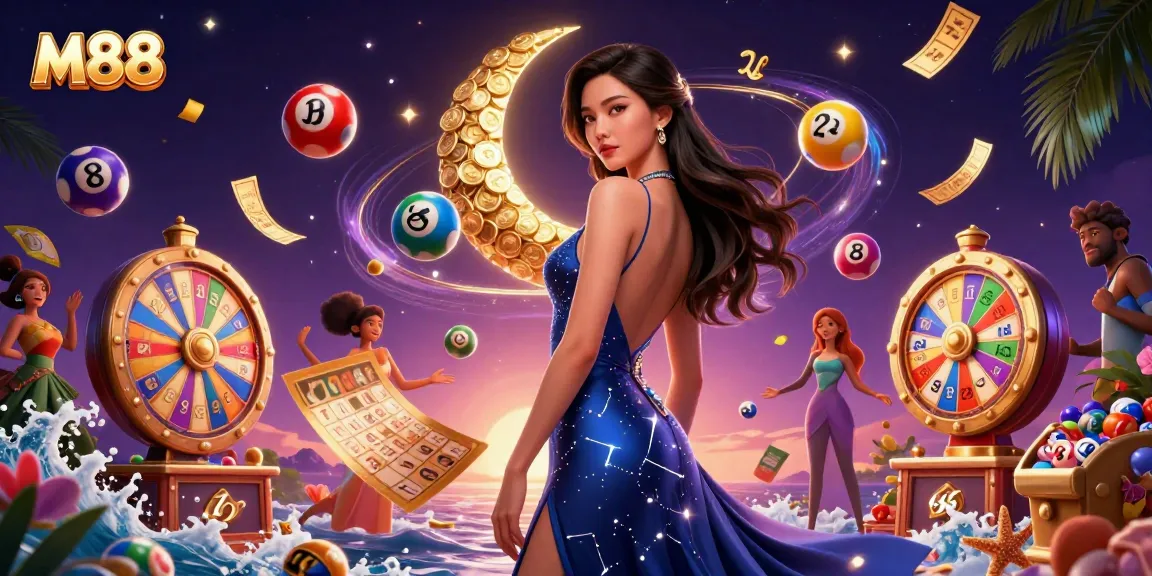 M88 casino game experience with an elegant Asian woman and dynamic lottery elements.
