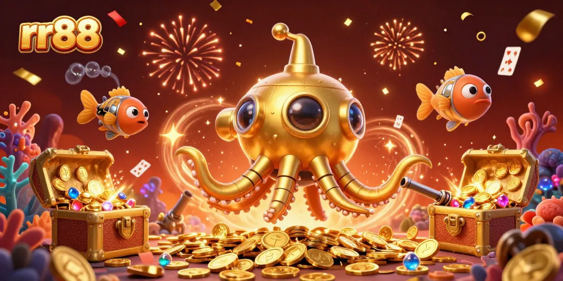 Experience thrilling gaming at rr88 with a golden kraken submarine and treasure-filled underwater scene.