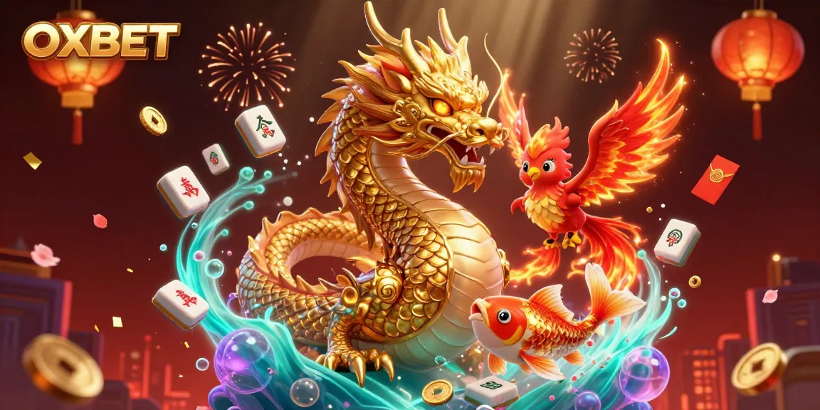 Experience OXBET's immersive casino world with a dragon, phoenix, and koi fish in a lively scene.