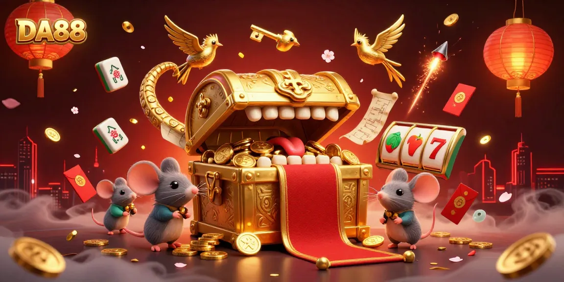 Engage players with the DA88 golden treasure chest luring adventurer mice amidst casino riches.