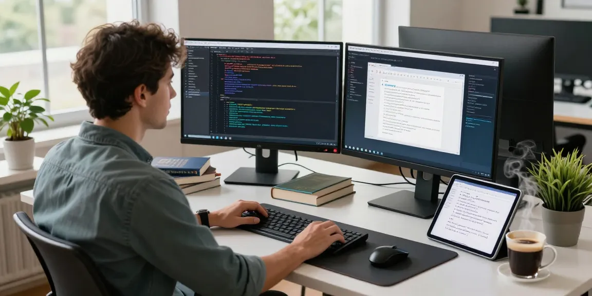 WPS Download for professional use in a tech workspace with dual monitors and coding.