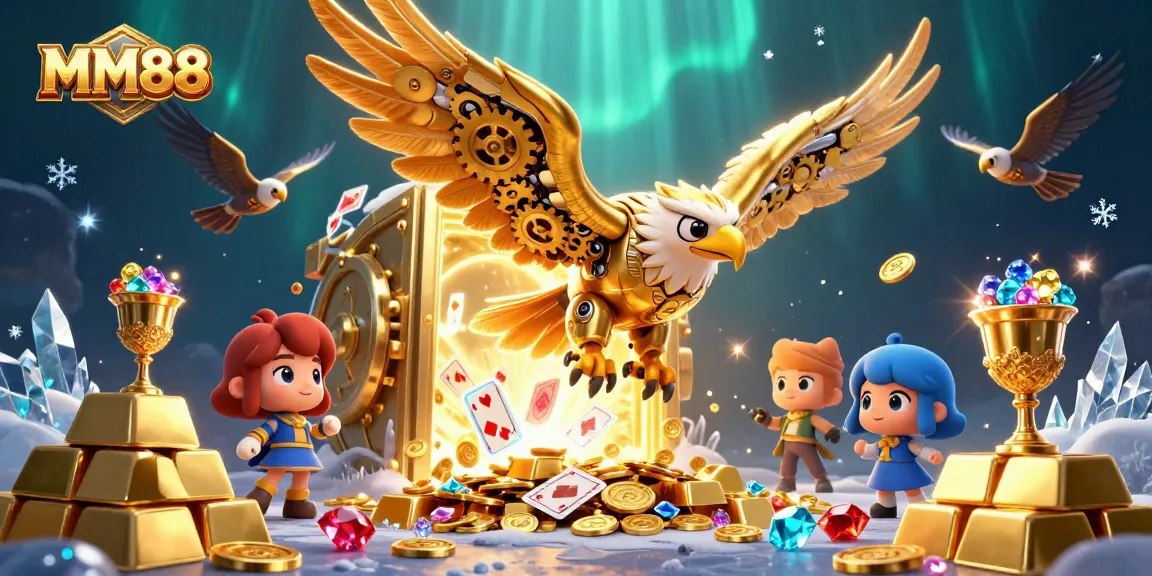 Experience the excitement of MM88 with a vibrant 3D casino illustration featuring winning poker hands and treasures.
