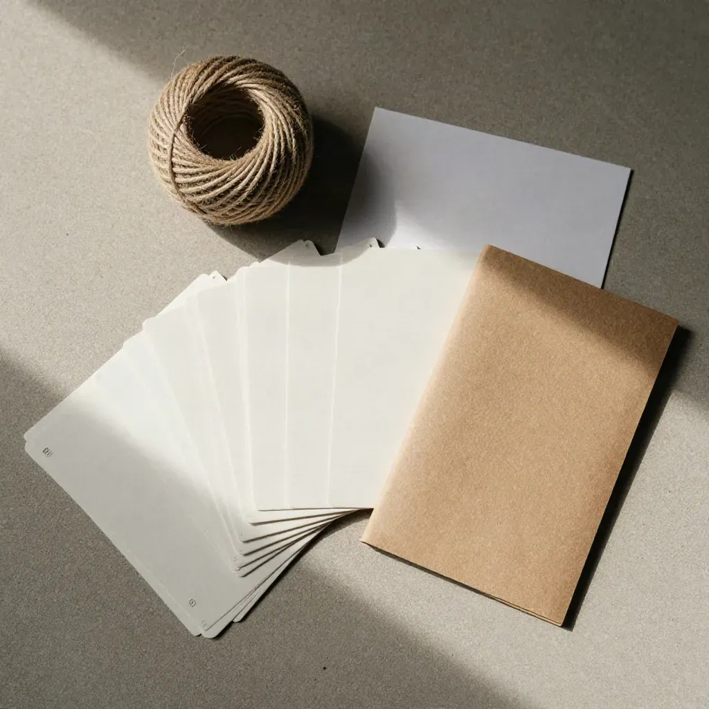 Flatlay con etichette QR, spago e bustina kraft su cemento chiaro