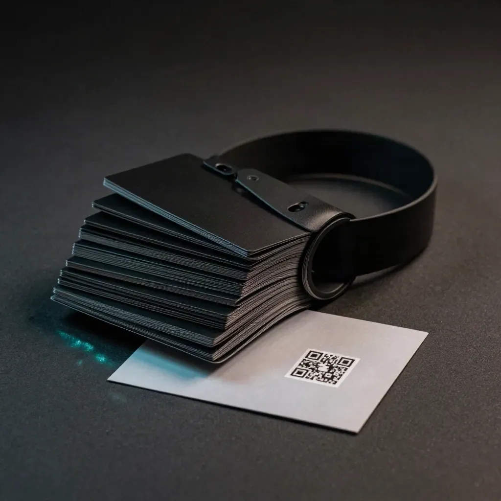 Bundle nero premium per gestione link, aperto su fondo scuro con riflessi teal.