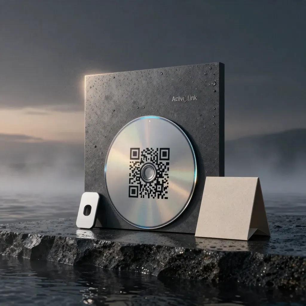 Slab grafite con disco QR, token e sleeve piegato nella nebbia marina blu dell’alba.