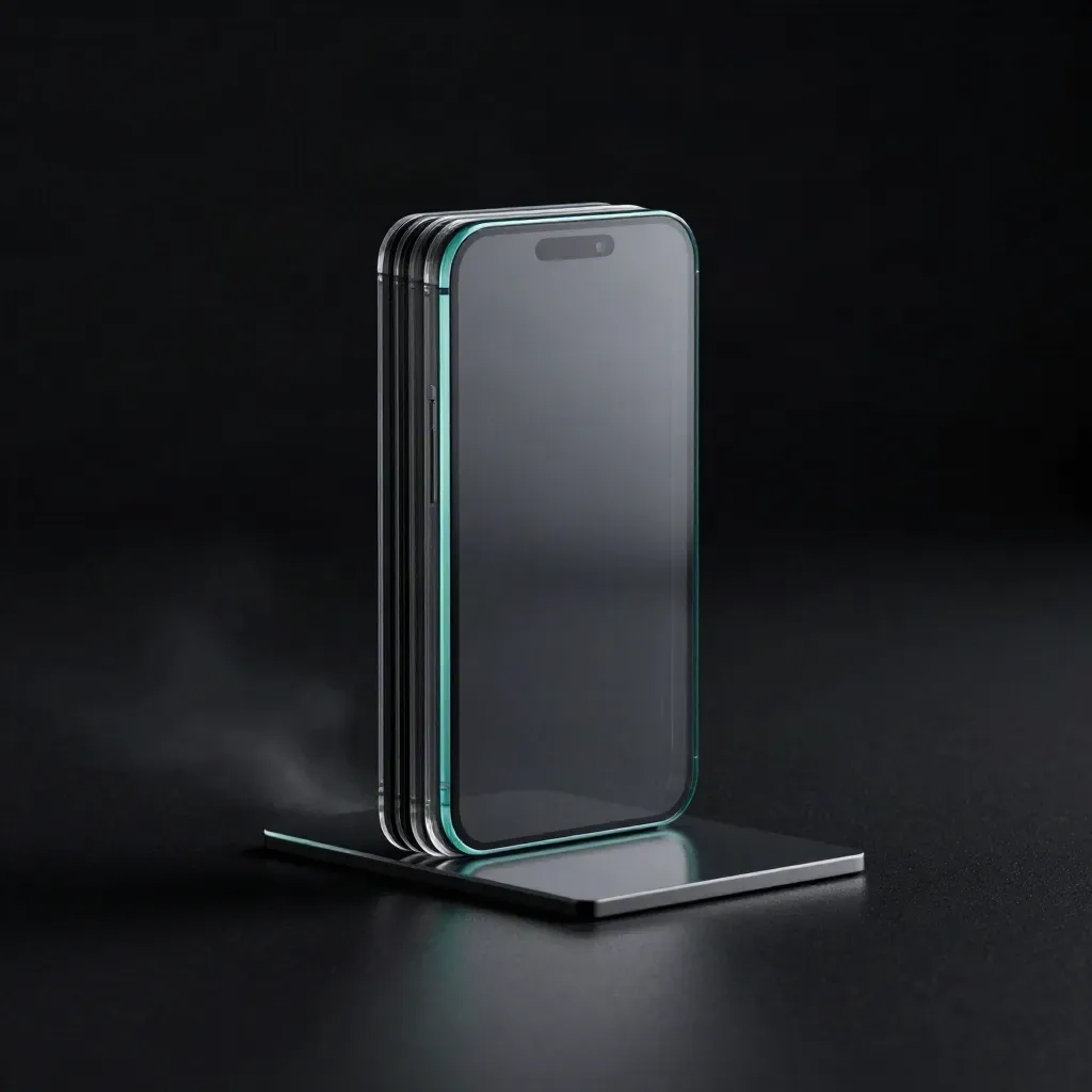 Totem acrilico per link in bio con sagoma smartphone e luce teal drammatica