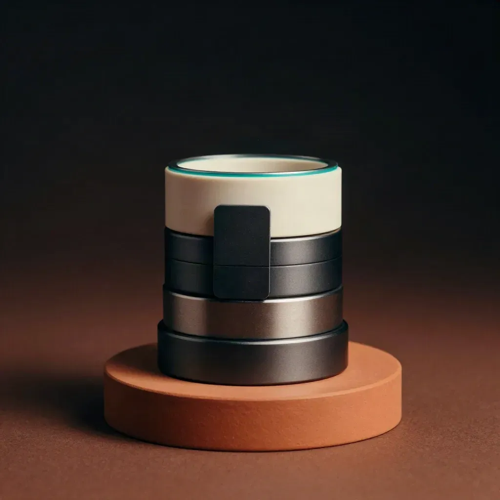Set multibrand con anelli e moduli su base in terracotta, luce drammatica dall’alto.