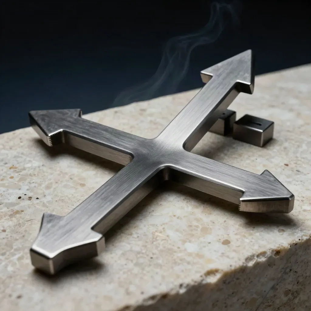 Scultura metallica di regole di redirect su travertino, con fumo sottile e luce drammatica.