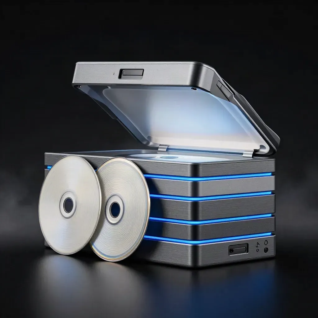 Bundle annuale con stack modulare blu, dischi QR e sleeve luminoso su fondo nero.