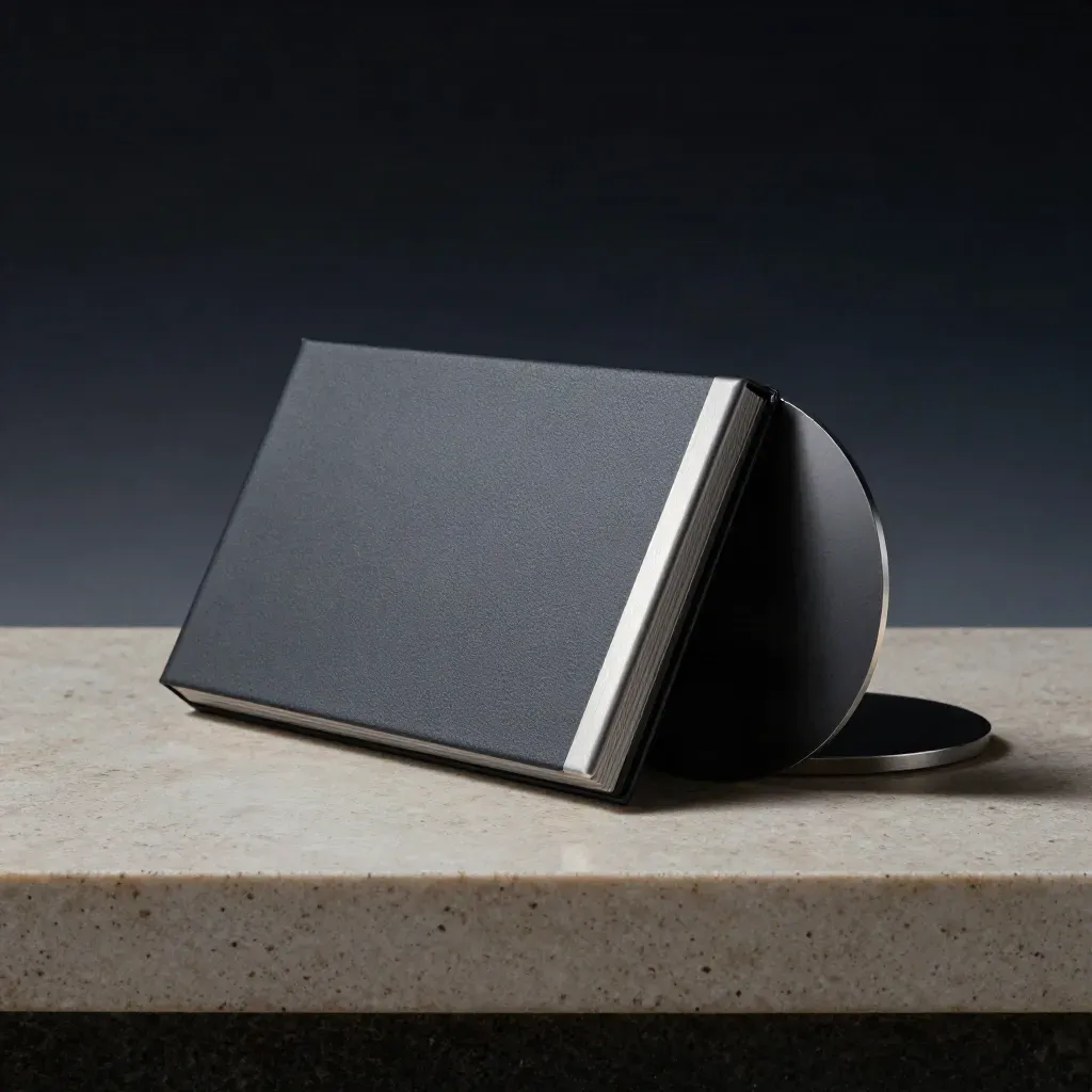 Packaging charcoal con spina metallica e disco compagno su travertino, luce radente.