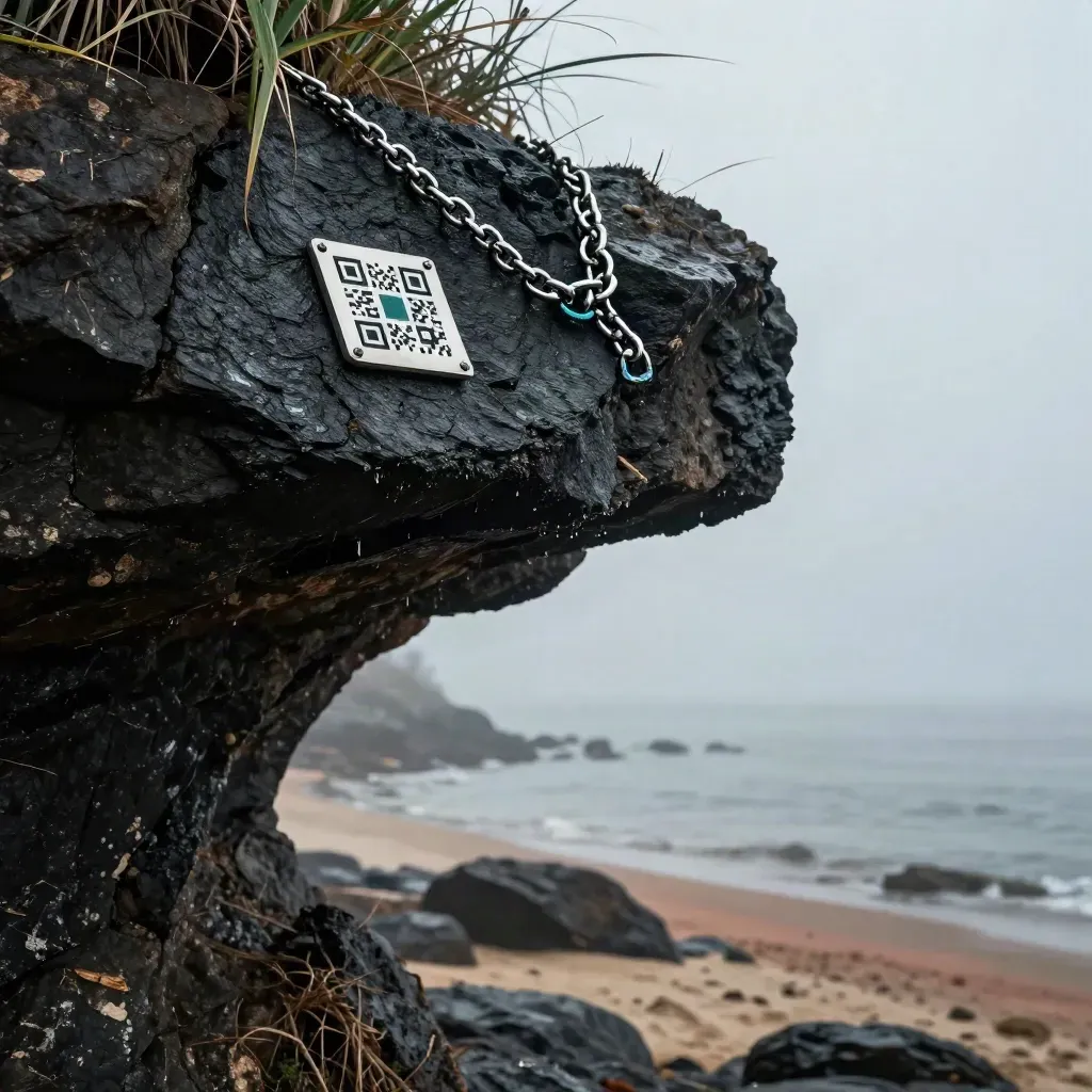 Scogliera costiera con erbe mosse dal vento, nebbia e piccolo segnalatore QR metallico.
