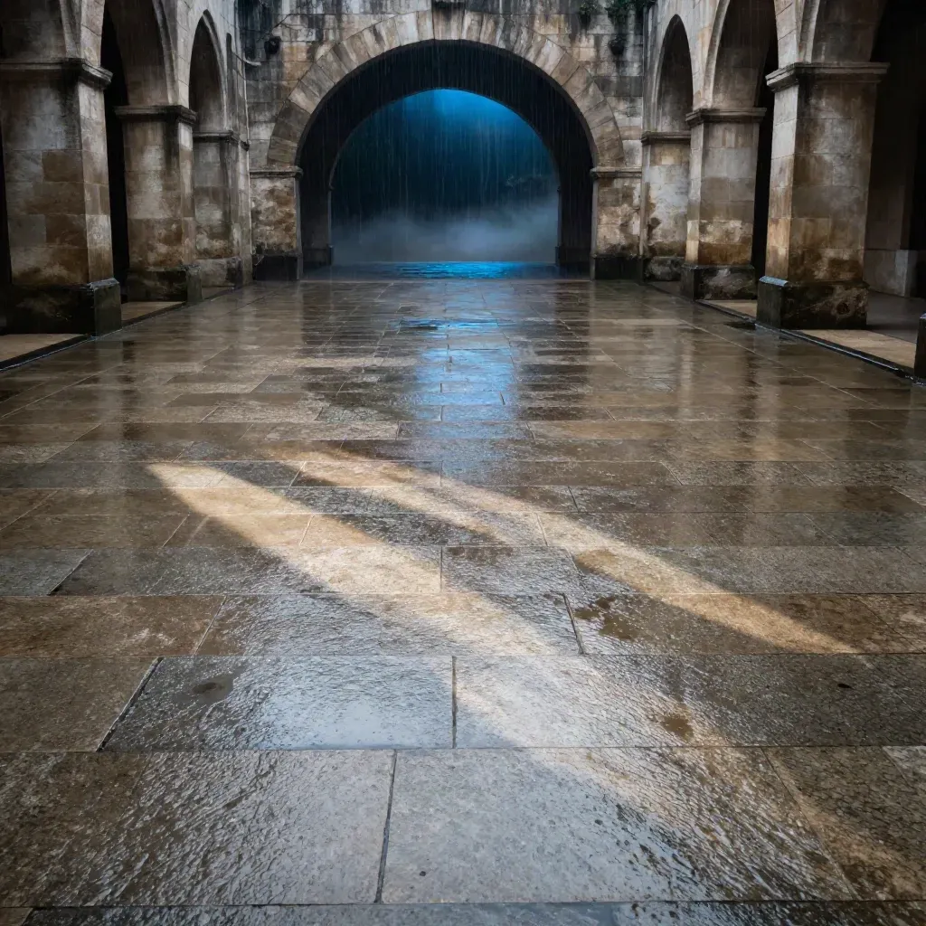 Cortile in pietra bagnata con arco lontano e riflessi blu, luce dopo la pioggia.