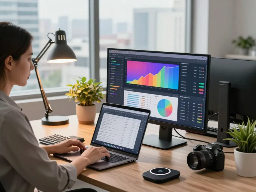 Tech gadgets for productivity in a modern office featuring a woman using a laptop, monitor with data charts, and stylish workstation elements.