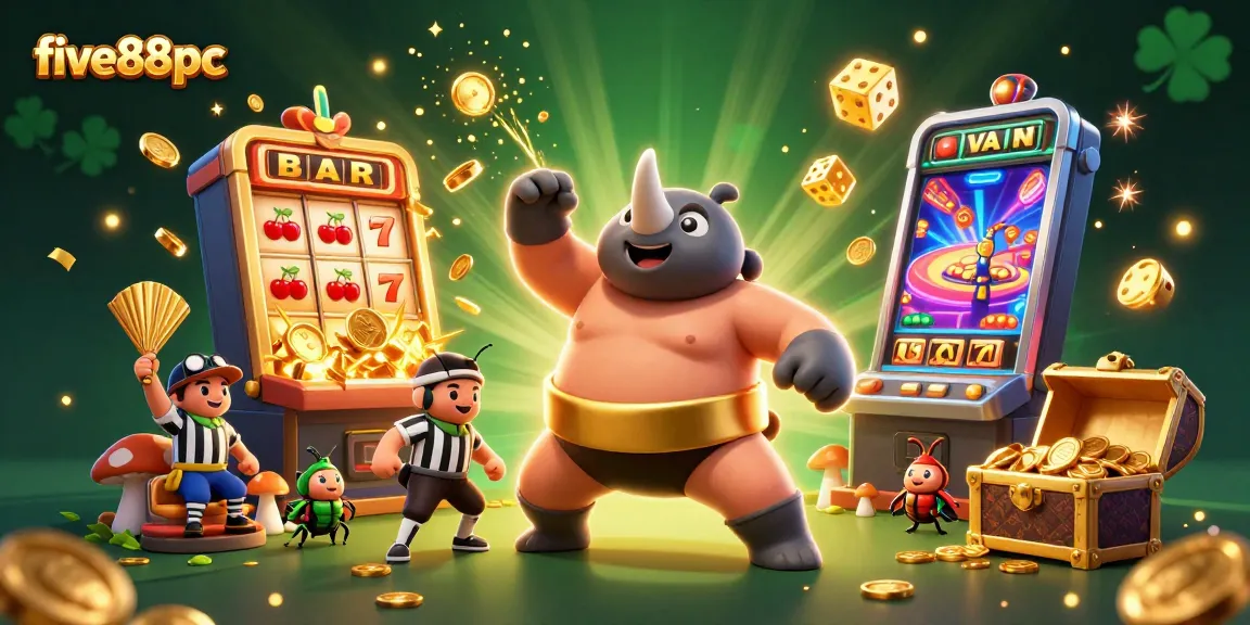 Experience the excitement of a five88pc casino scene with a sumo champion and vibrant slot machine.