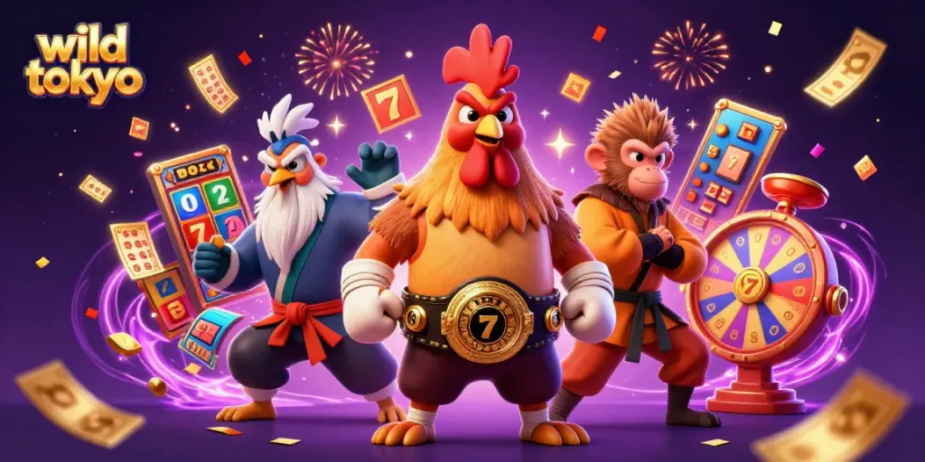 Experience wild tokyo with vibrant slot reels and dynamic casino elements in this captivating scene.
