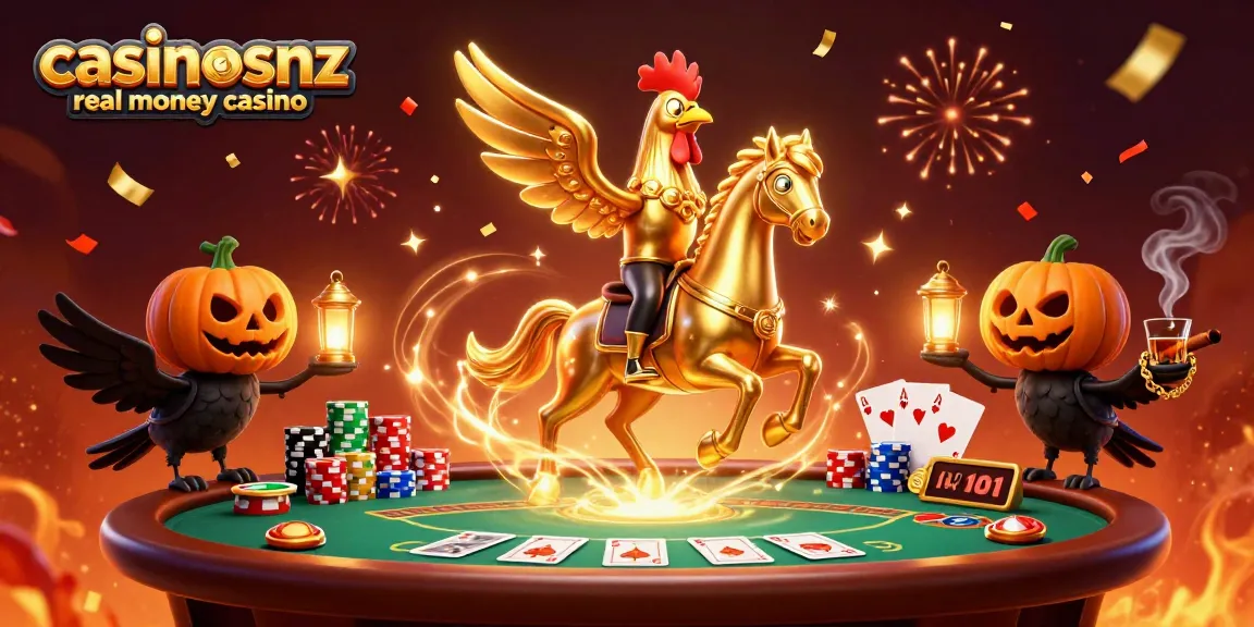 Experience the casinosnz real money casino excitement with golden rooster and poker elements.