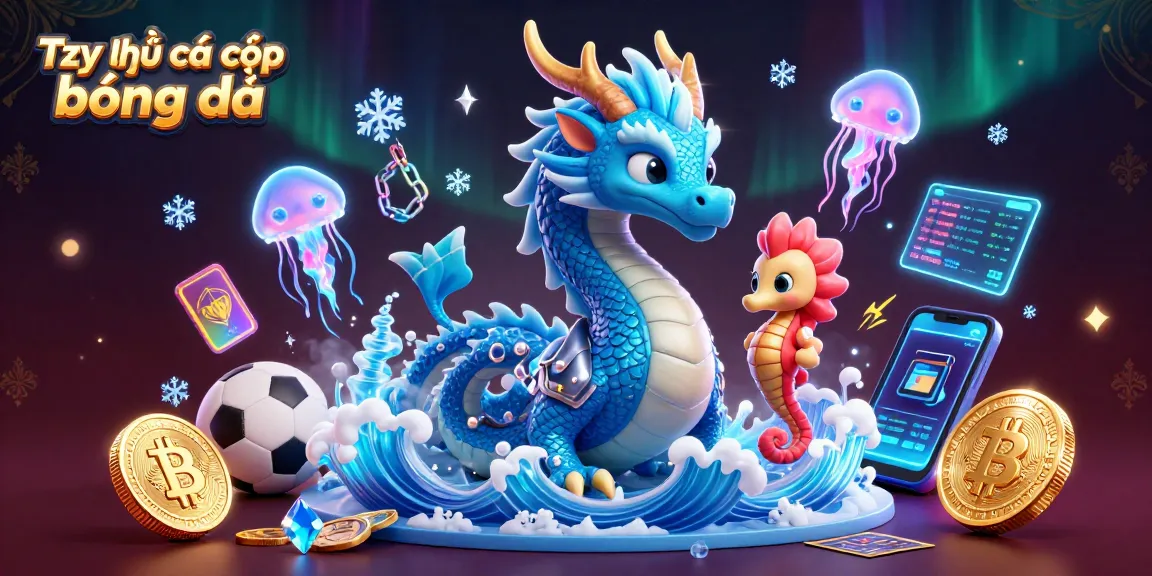 Tỷ lệ cá cược bóng đá illustrated with an azure dragon and a seahorse knight, surrounded by sports elements.