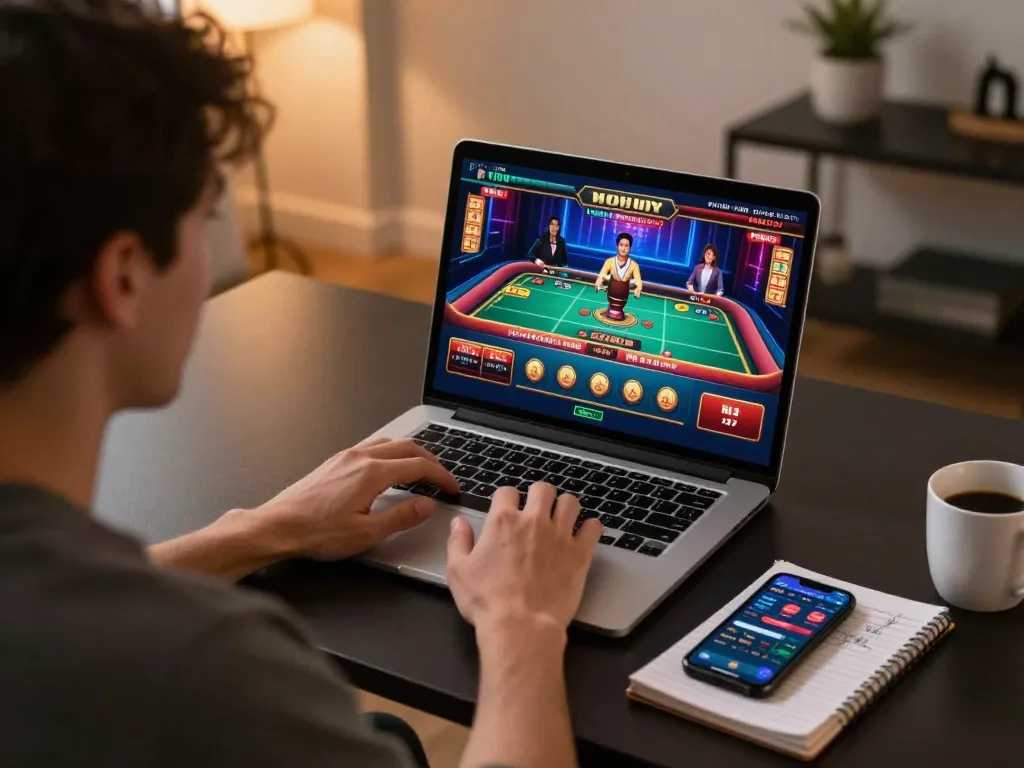 Engaging in Đăng Ký 98WIN through an online game on a laptop, showcasing strategy notes and a smartphone app.