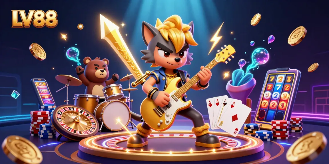 Experience vibrant casino excitement at LV88 with a rock star wolf and drummer bear amidst dynamic game elements.