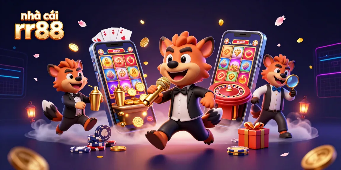 Experience the vibrant energy of nhà cái rr88 with a lively comedy casino scene featuring hyenas as entertainers, surrounded by 3D gaming elements.