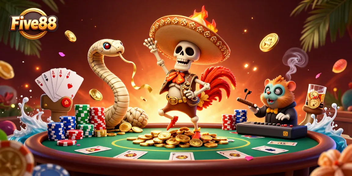 Experience the excitement at Five88 with a vibrant 3D casino celebration featuring unique characters and colorful poker elements.