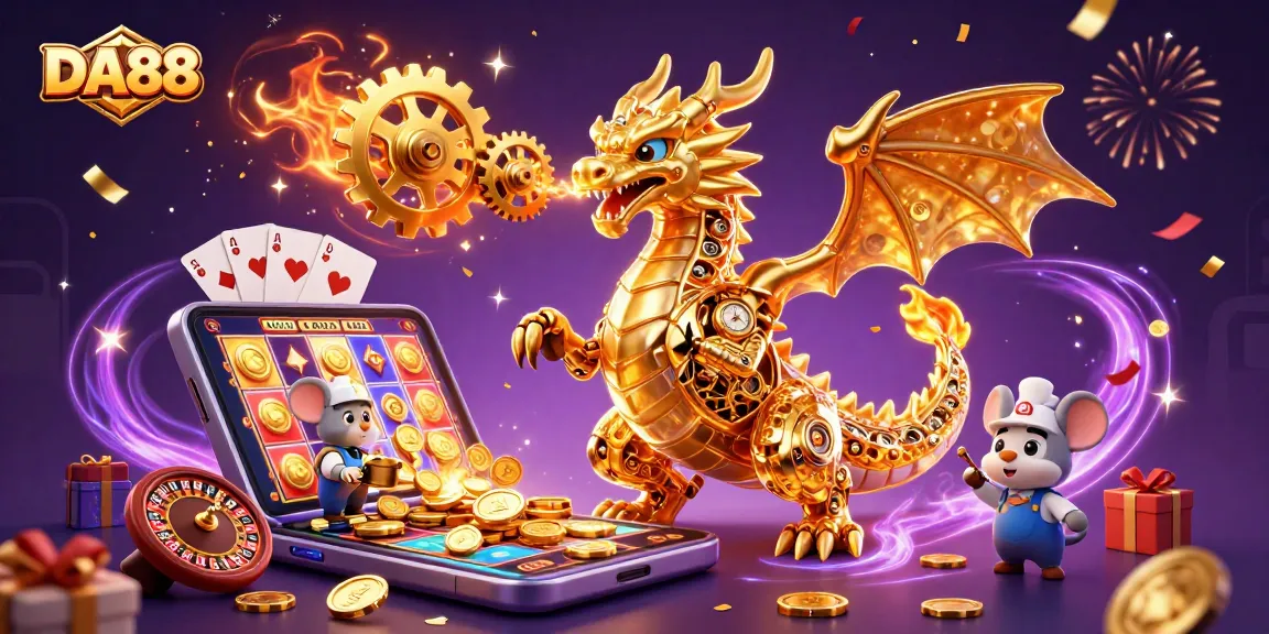 Engage with the DA88 casino experience featuring a dragon amidst colorful slots and dynamic gameplay.