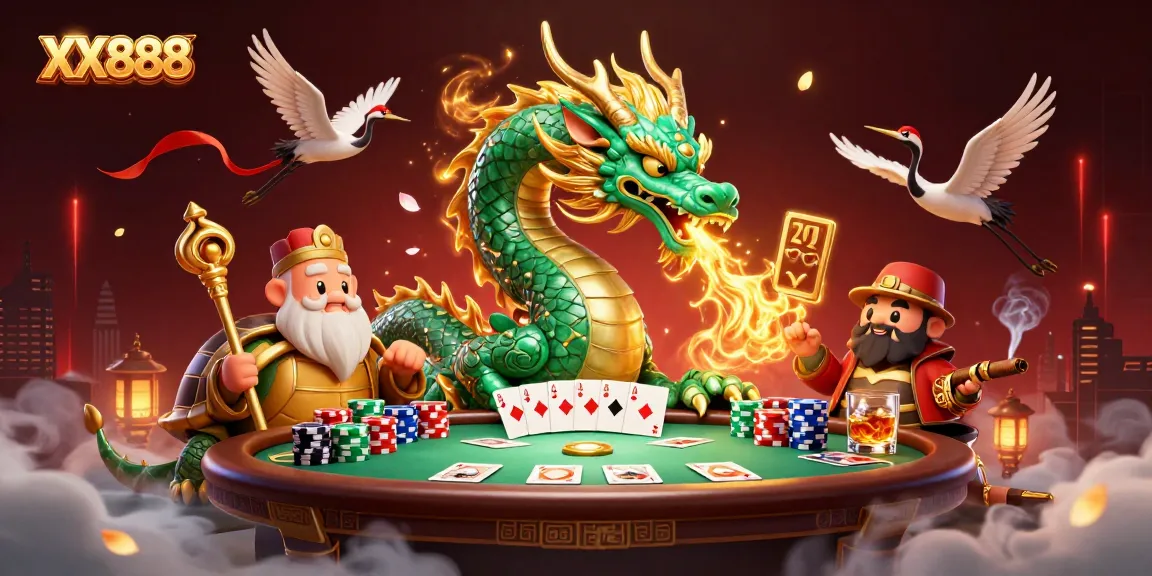 Experience the excitement at XX888 with a vibrant illustration of a dragon, turtles, and lucky cranes surrounding a lively poker scene.