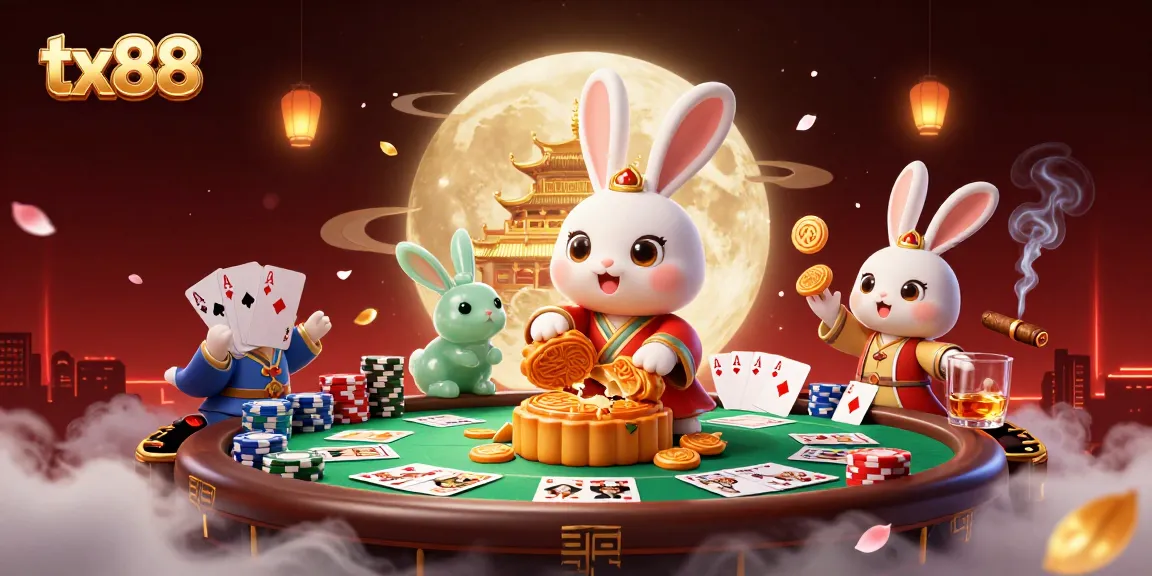 Engage with tx88's vibrant moon rabbit casino scene, featuring poker chips and golden mooncakes.