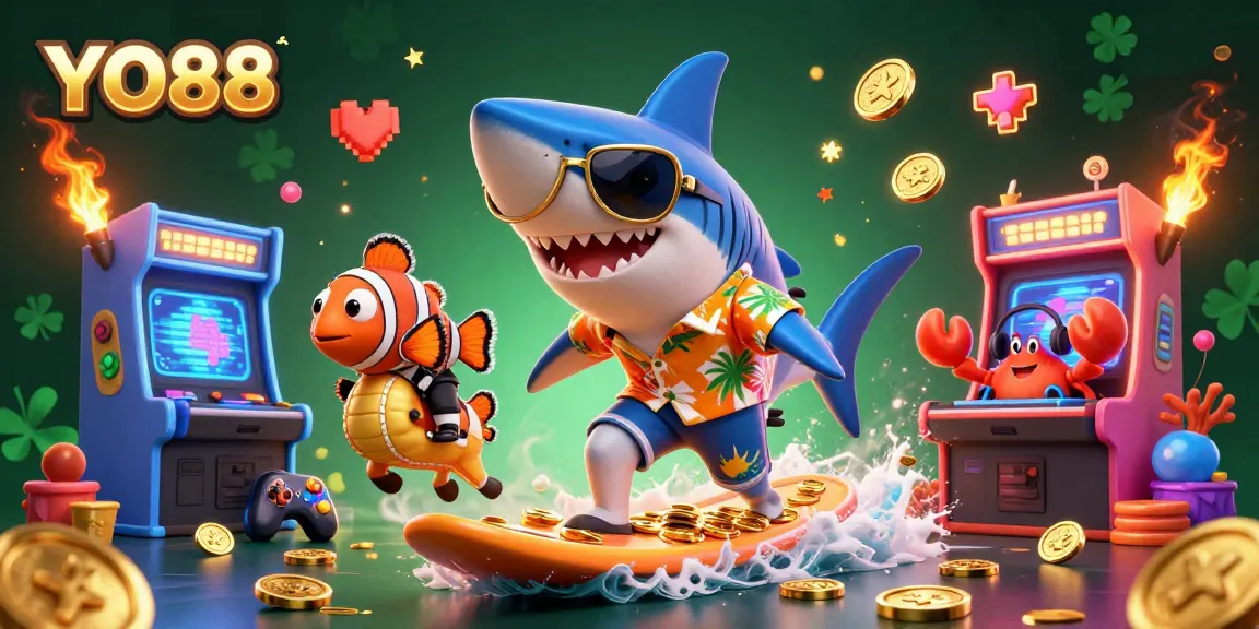 Win big with YO88, featuring a cartoon shark celebrating amidst 3D game elements and gold coins.