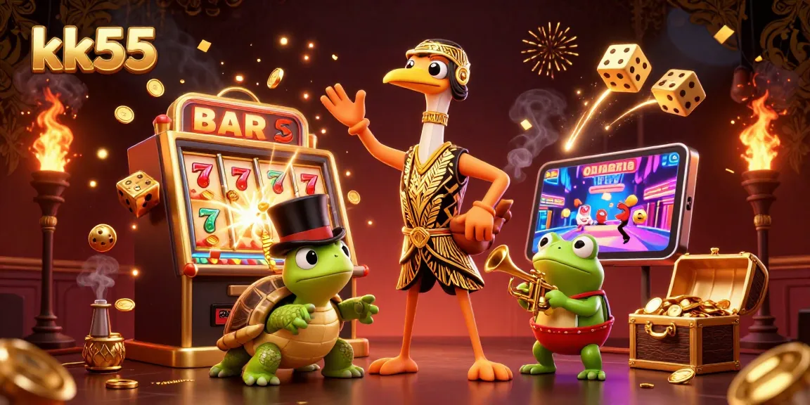Play and win big with kk55 in this lively casino scene featuring a slot machine jackpot.