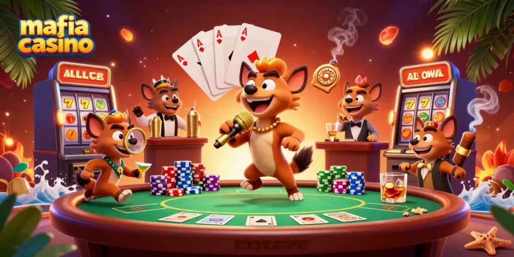 Hyenas running a comedy casino club with poker elements in a lively mafia casino atmosphere