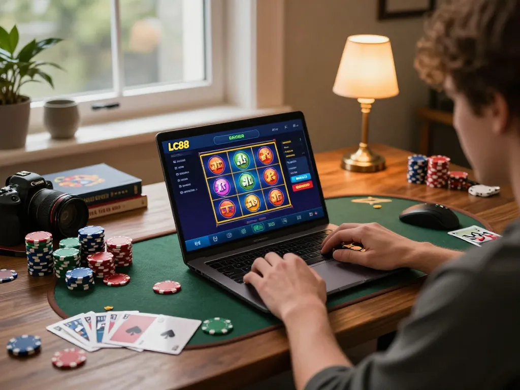 Play engaging games on the LC88 app showcasing vibrant slots on a stylish home desk.