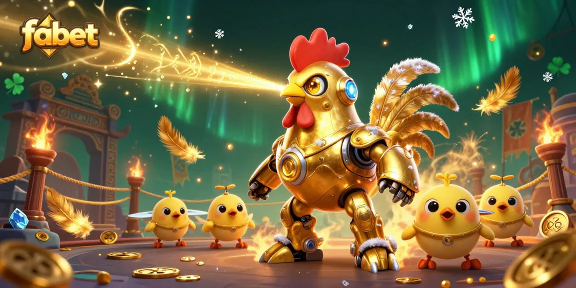 Engage with fabet's thrilling gaming adventure, featuring a golden rooster robot and captivating casino elements.