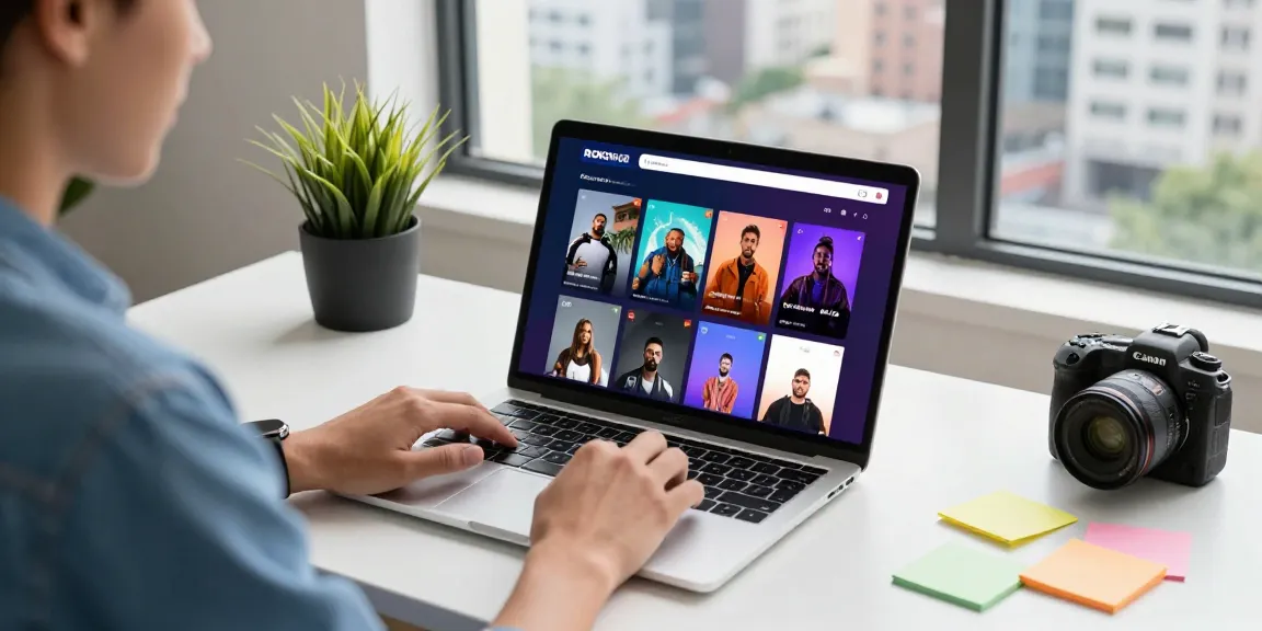 User exploring rokok88 super episodes on a sleek laptop in a modern workspace filled with vibrant notes and city views.