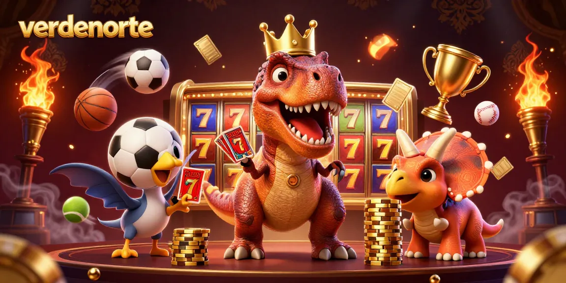 Experience thrilling slot action with the friendly T-Rex at verdenorte, shuffling cards amidst golden chips.