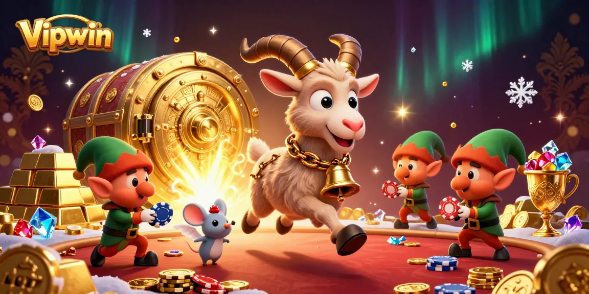Win big at Vipwin's festive casino with mischievous elves and a Krampus host in a vibrant, dynamic scene.