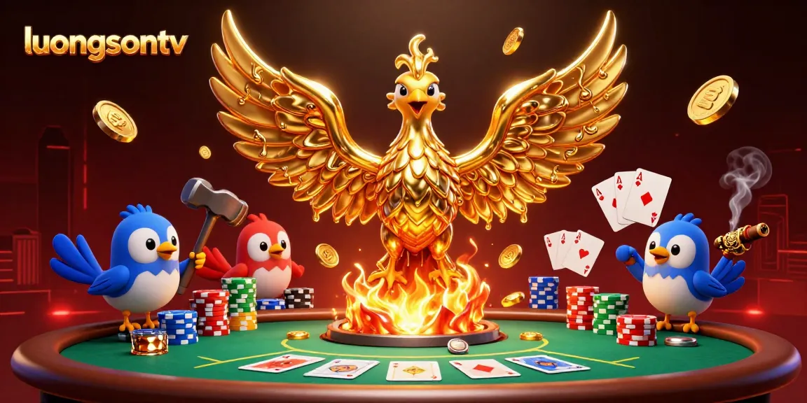 Experience the excitement of luongsontv with a vibrant 3D scene of a molten metal phoenix surrounded by poker elements.