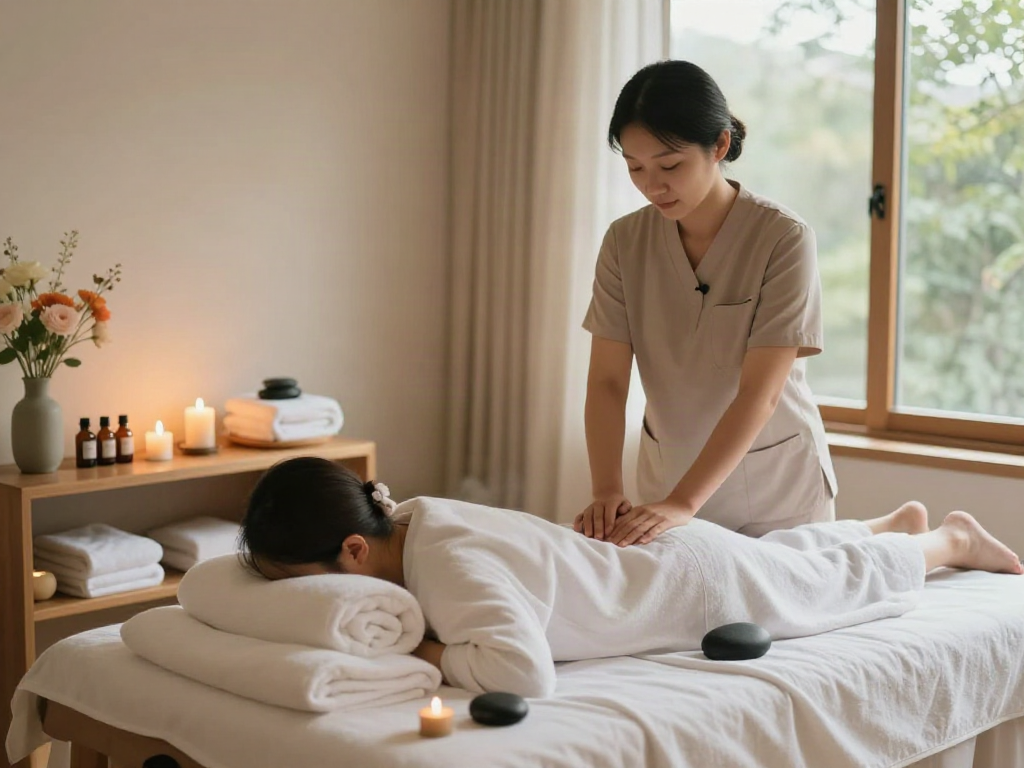 Comforting 분당출장마사지 scene in a tranquil spa setting with warm light and calming ambiance.